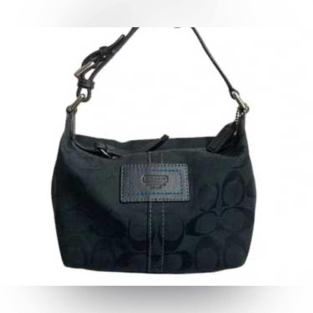 Coach Carly Mini Signature baguette shoulder handbag in black jacquard fabric.